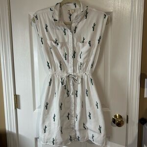 Japna White Button-Up Mini Dress with Green Cactus Pattern